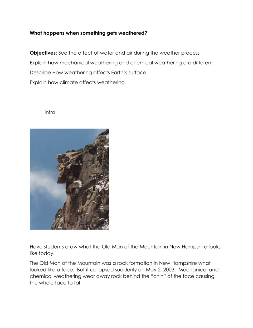 Weathering unit introduction: objectives and an Old Man of the Mountain photo with a drawing prompt
