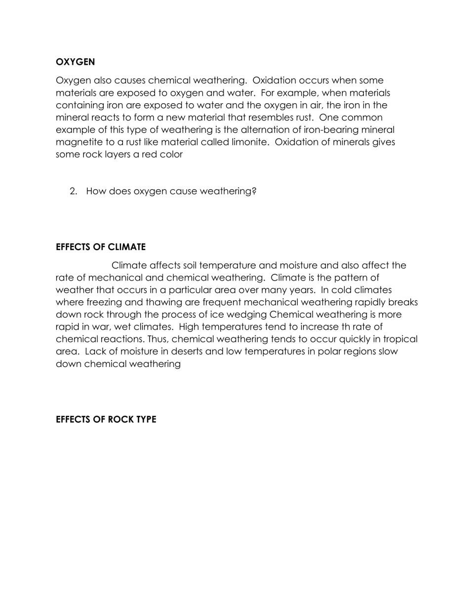 Reading 1 explains oxidation and climate's effects on weathering, then asks how oxygen causes weathering