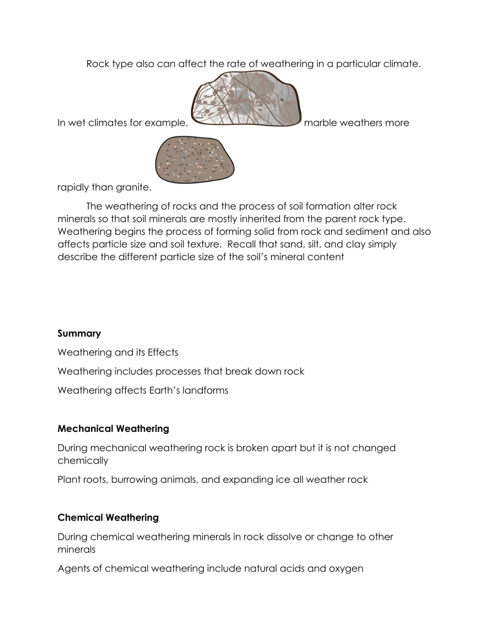 Reading 1 compares marble and granite weathering, connects weathering to soil, and summarizes both types