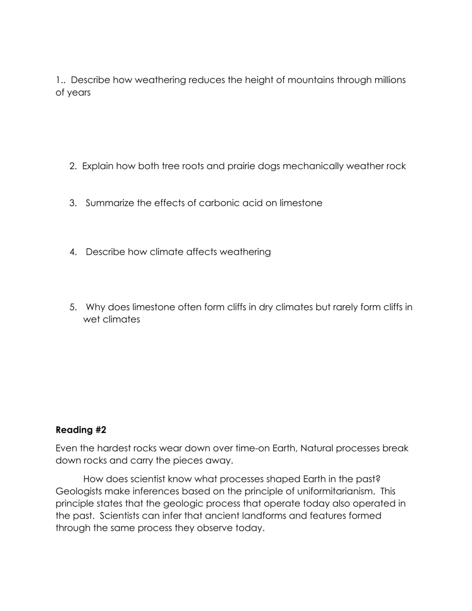 Five weathering review questions precede Reading 2, which introduces geologists' use of uniformitarianism