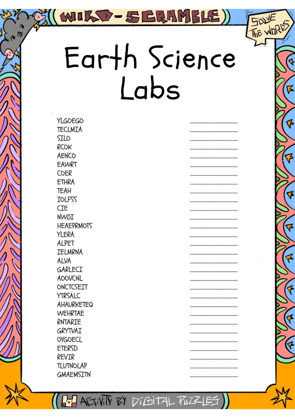 Earth Science Labs word scramble: students unscramble 30 earth science terms such as YLGOEGO, RCOK and AENCO