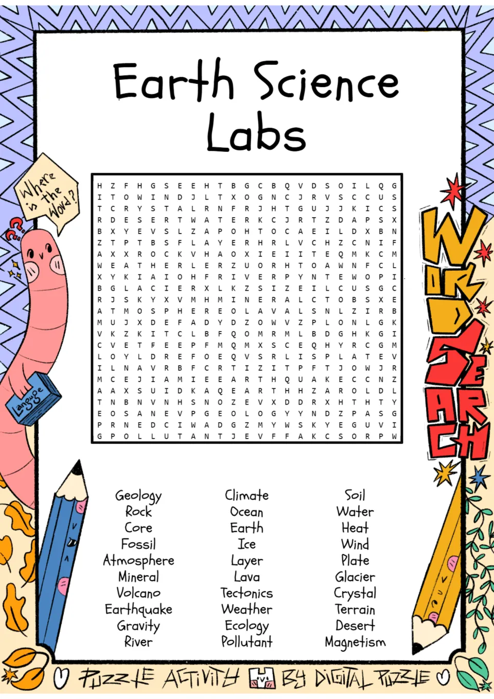 Earth Science Labs word search: students find 30 hidden terms such as geology, fossil, volcano and glacier