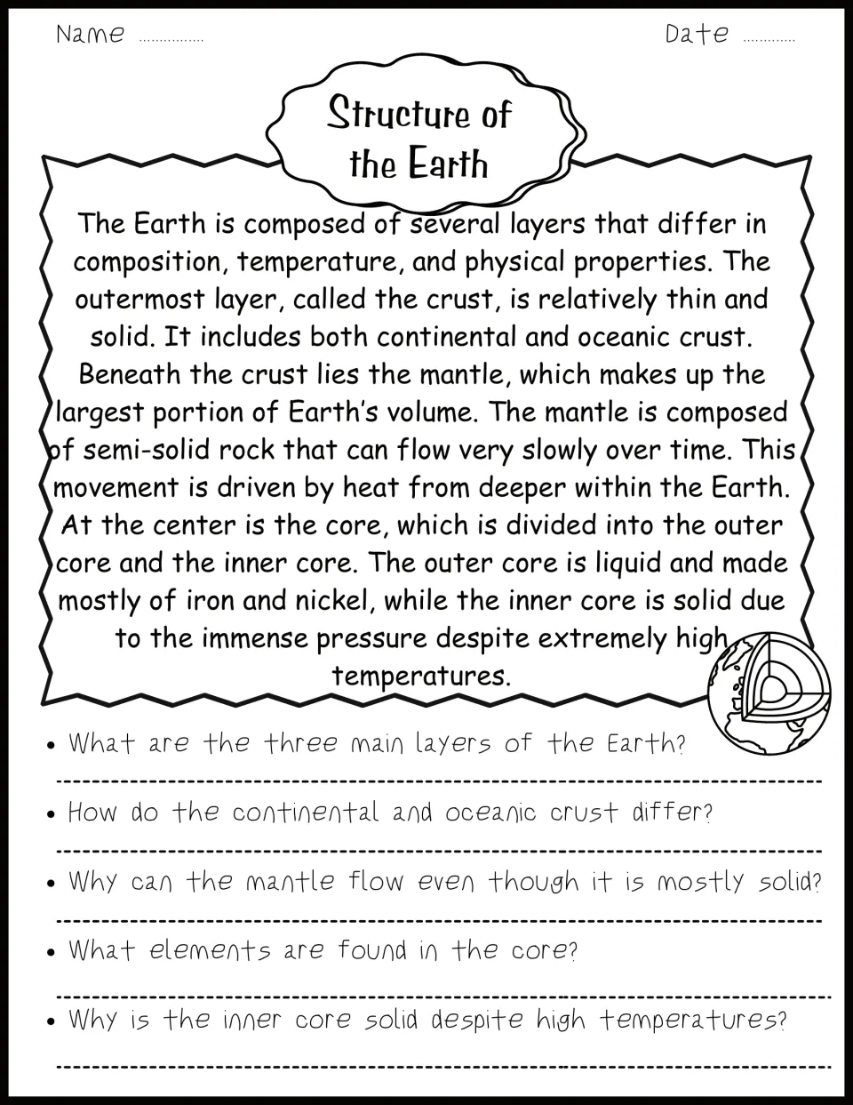 Reading 1: Earth's crust, mantle, outer core, and inner core, followed by five short-answer questions.