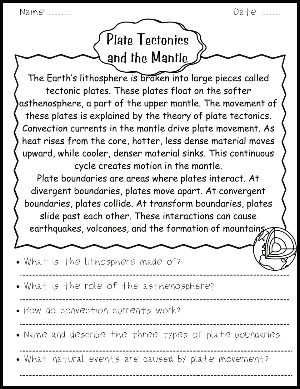 Reading 2: tectonic plates, mantle convection, and three boundary types, followed by five questions.