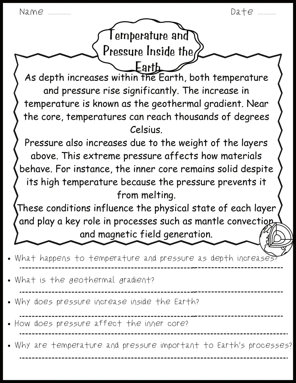 Reading 4: temperature, pressure, and the geothermal gradient inside Earth, followed by five questions.