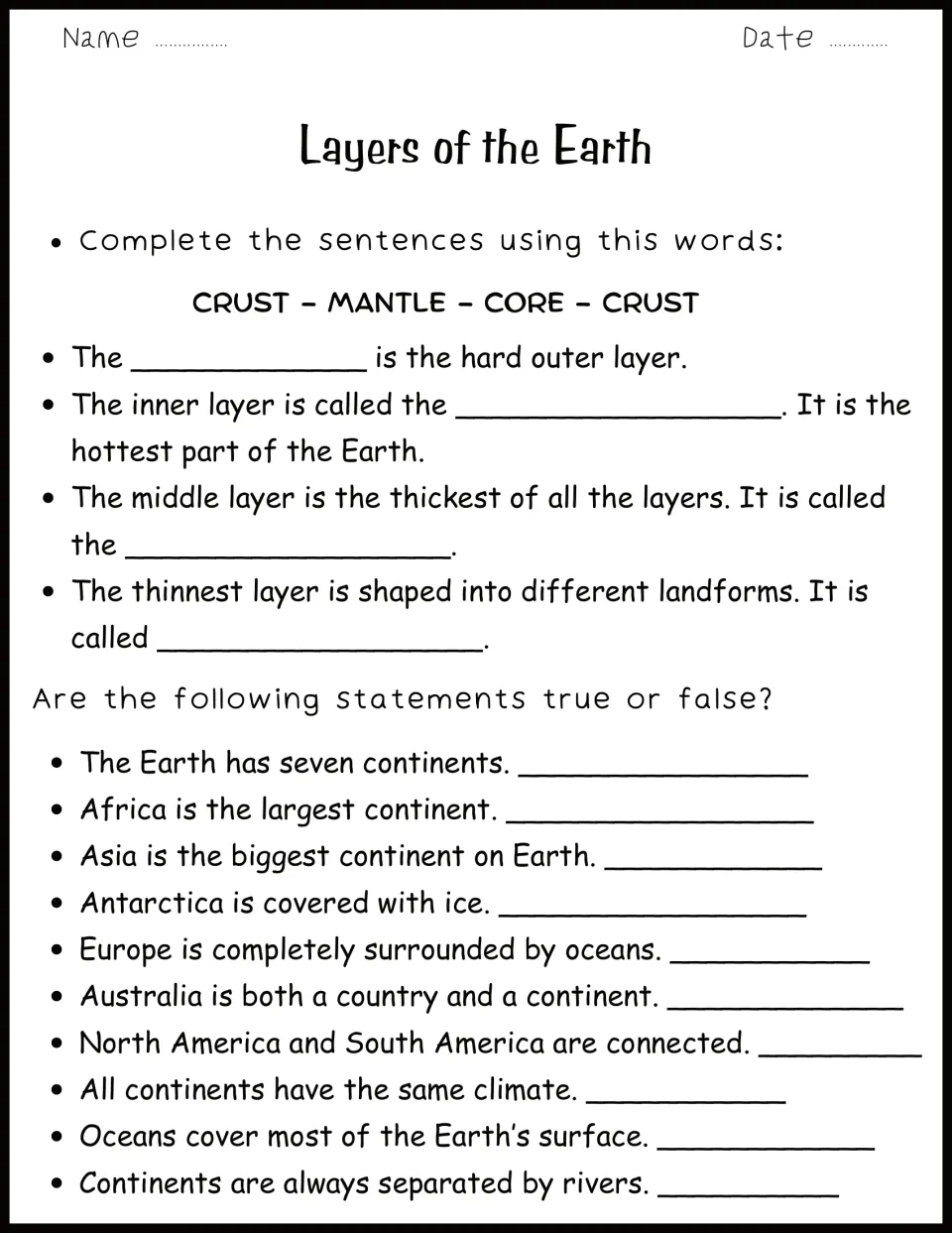 Follow-up practice: complete four Earth-layer sentences and answer 10 continent true-or-false statements.