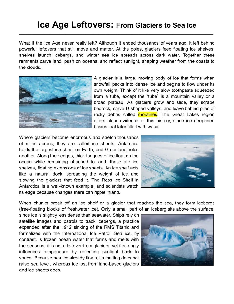 Reading passage opening explains glaciers, ice sheets, ice shelves, icebergs, and sea ice with photographs.