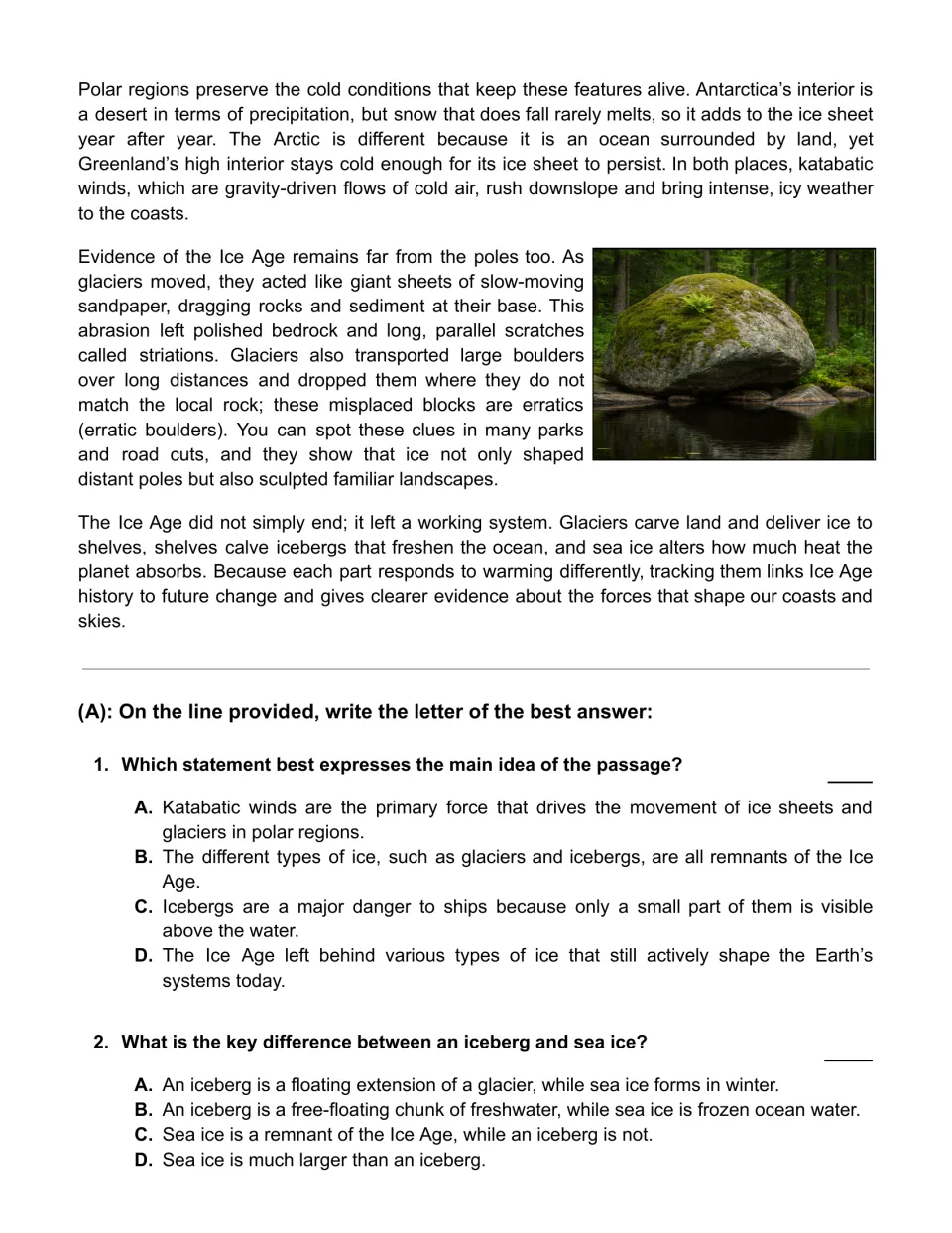 Passage conclusion covers polar regions and glacial clues, followed by multiple-choice questions 1–2.