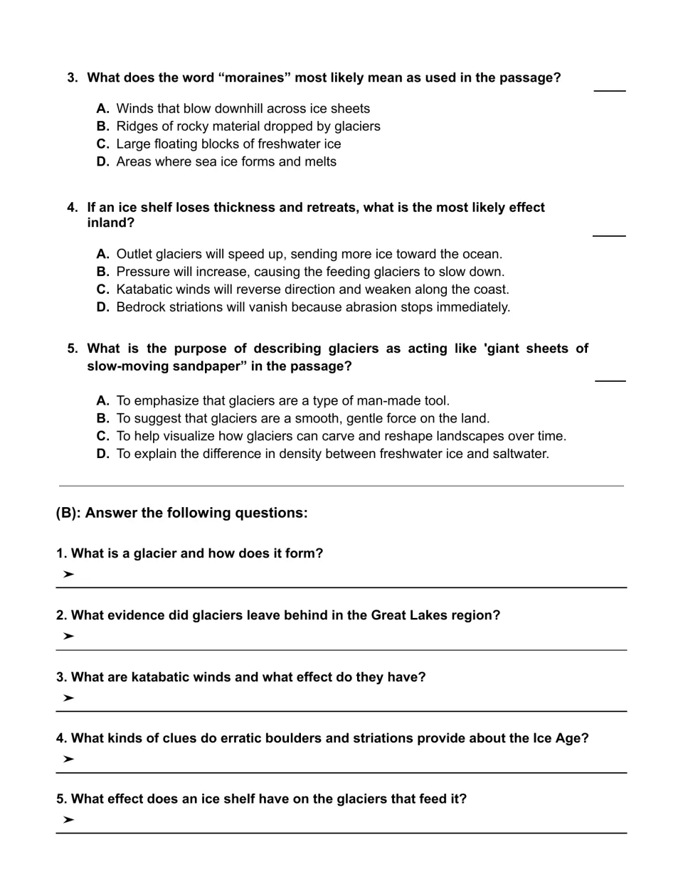 Multiple-choice questions 3–5 address moraines, ice shelves, and a glacier analogy; five short answers follow.