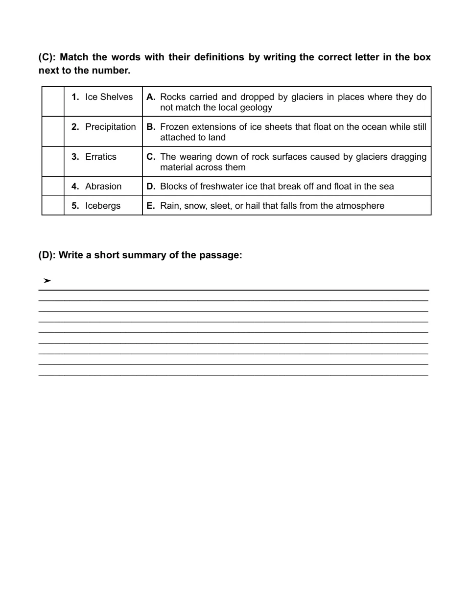 Vocabulary matching covers ice shelves, precipitation, erratics, abrasion, and icebergs; a summary prompt follows.