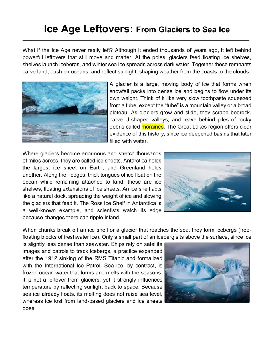 Reading passage opening: glaciers, ice sheets, ice shelves, icebergs, and how sea ice affects sea level.