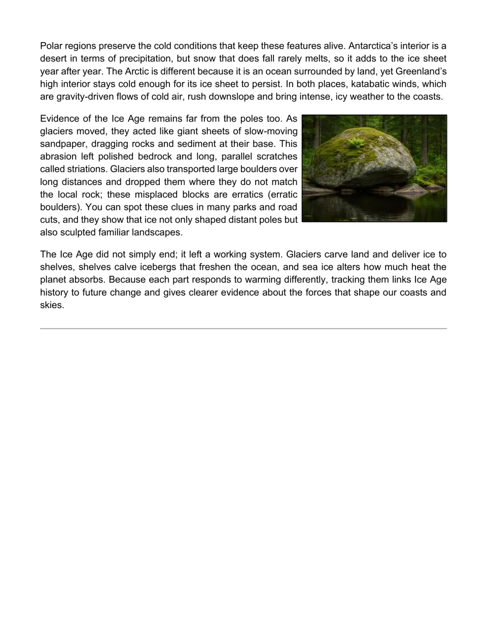 Reading passage conclusion: polar conditions, glacial striations, erratic boulders, and climate effects.