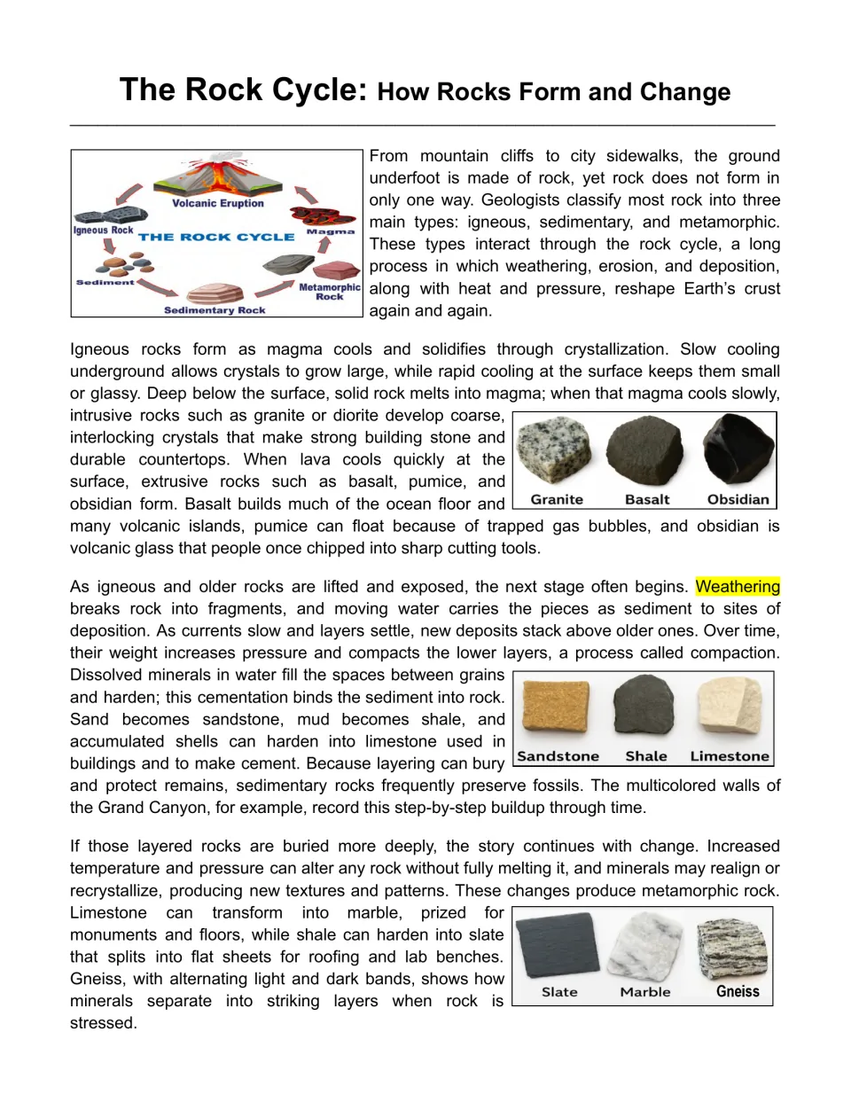 Rock cycle passage opening explains igneous, sedimentary, and metamorphic rocks with labeled rock photos