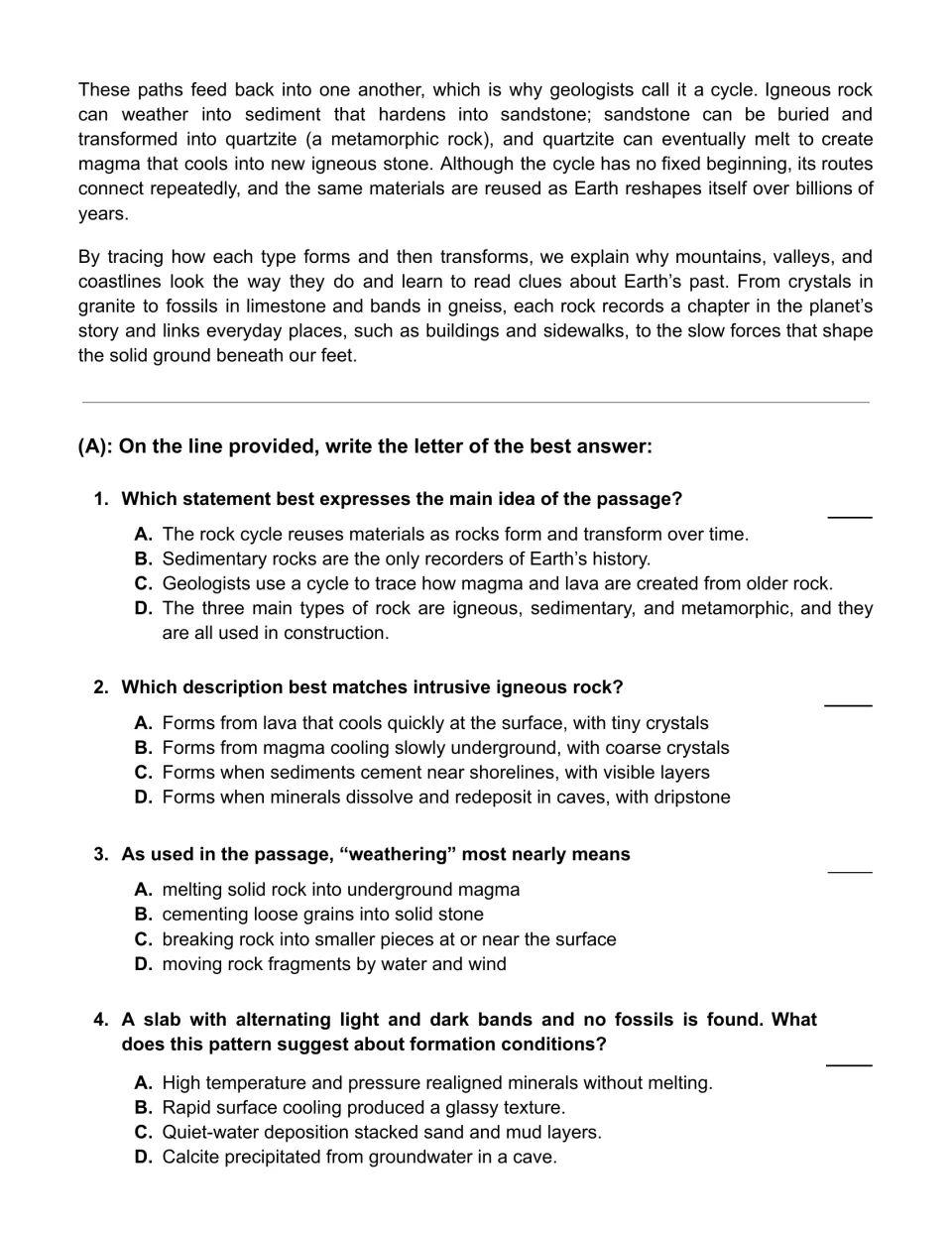 Rock cycle passage conclusion and questions 1–4 on main idea, intrusive rock, weathering, and rock bands