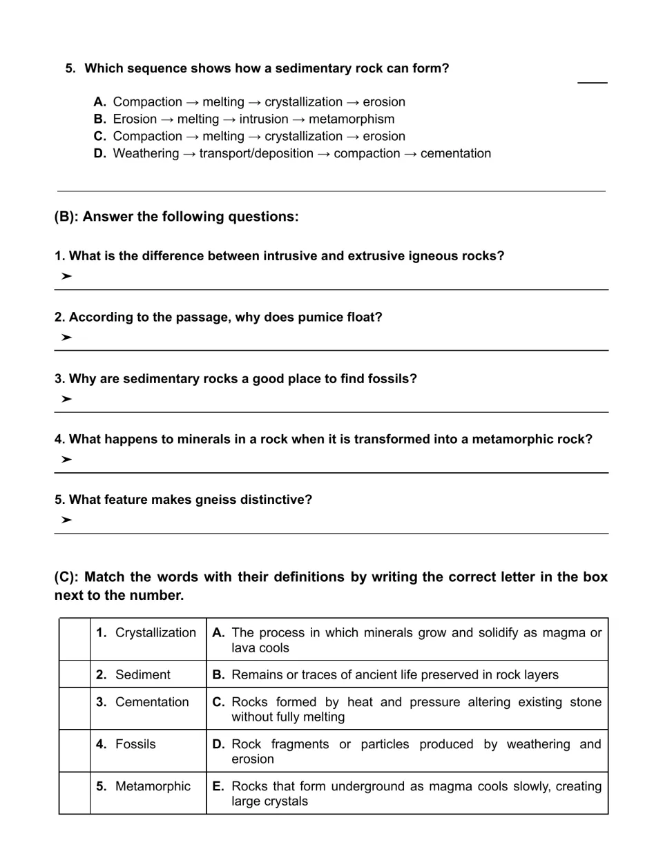 Rock cycle question 5 on sedimentary formation, five short-answer questions, and five vocabulary matches