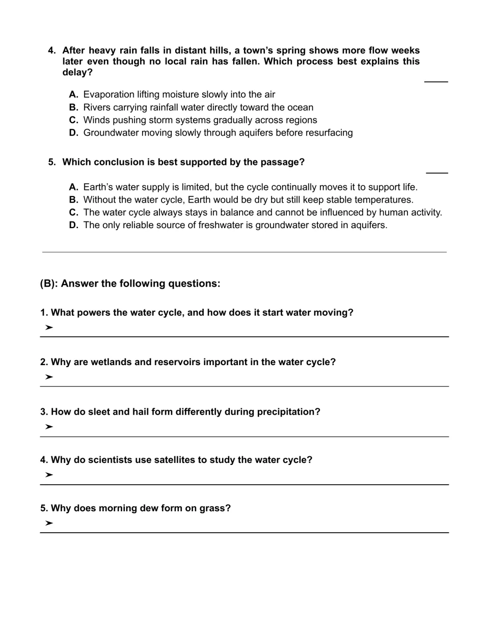 Water cycle comprehension: students answer two multiple-choice items, then write short answers on sleet, hail and dew