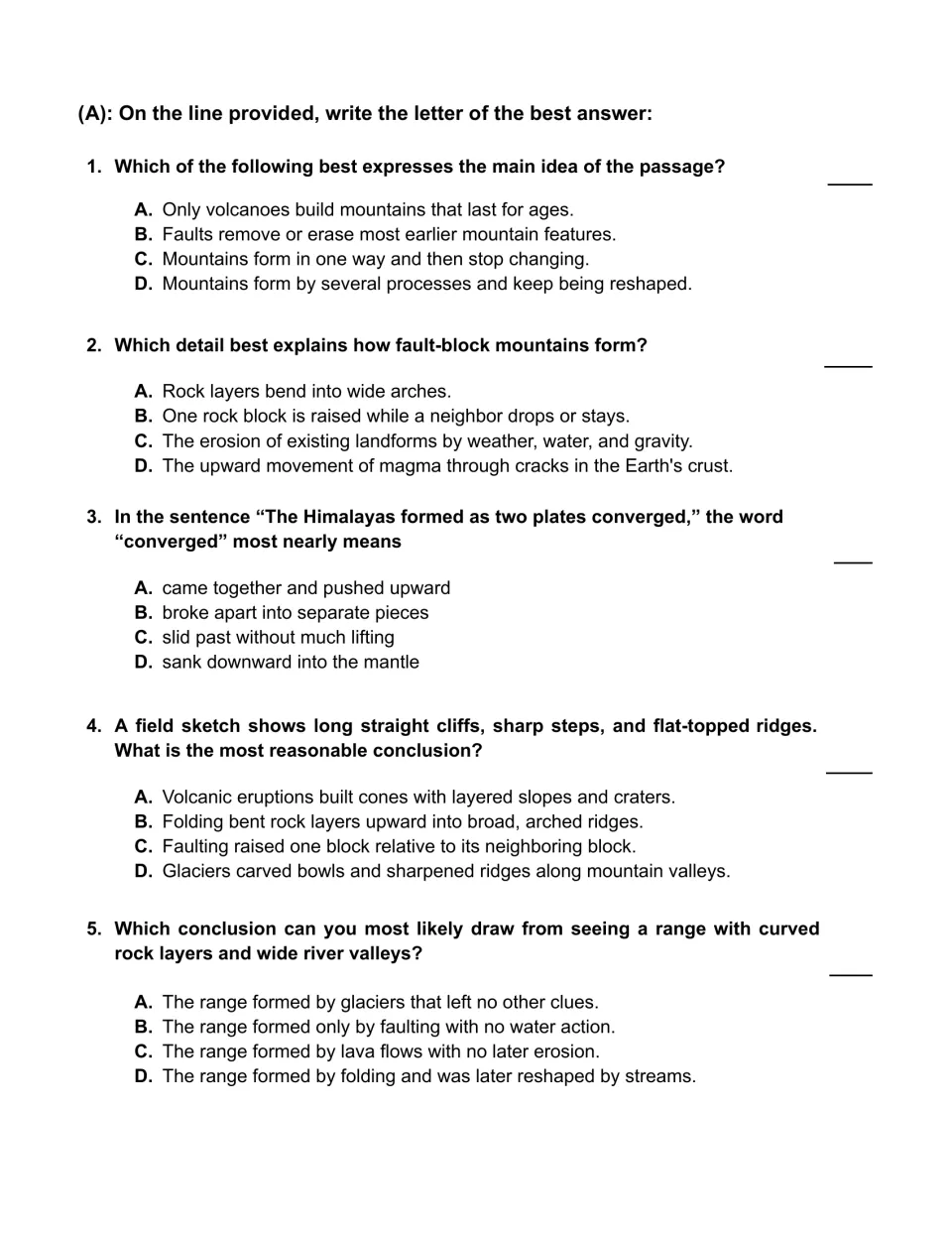 Five multiple-choice questions about mountain formation, the main idea, landform clues and 'converged'
