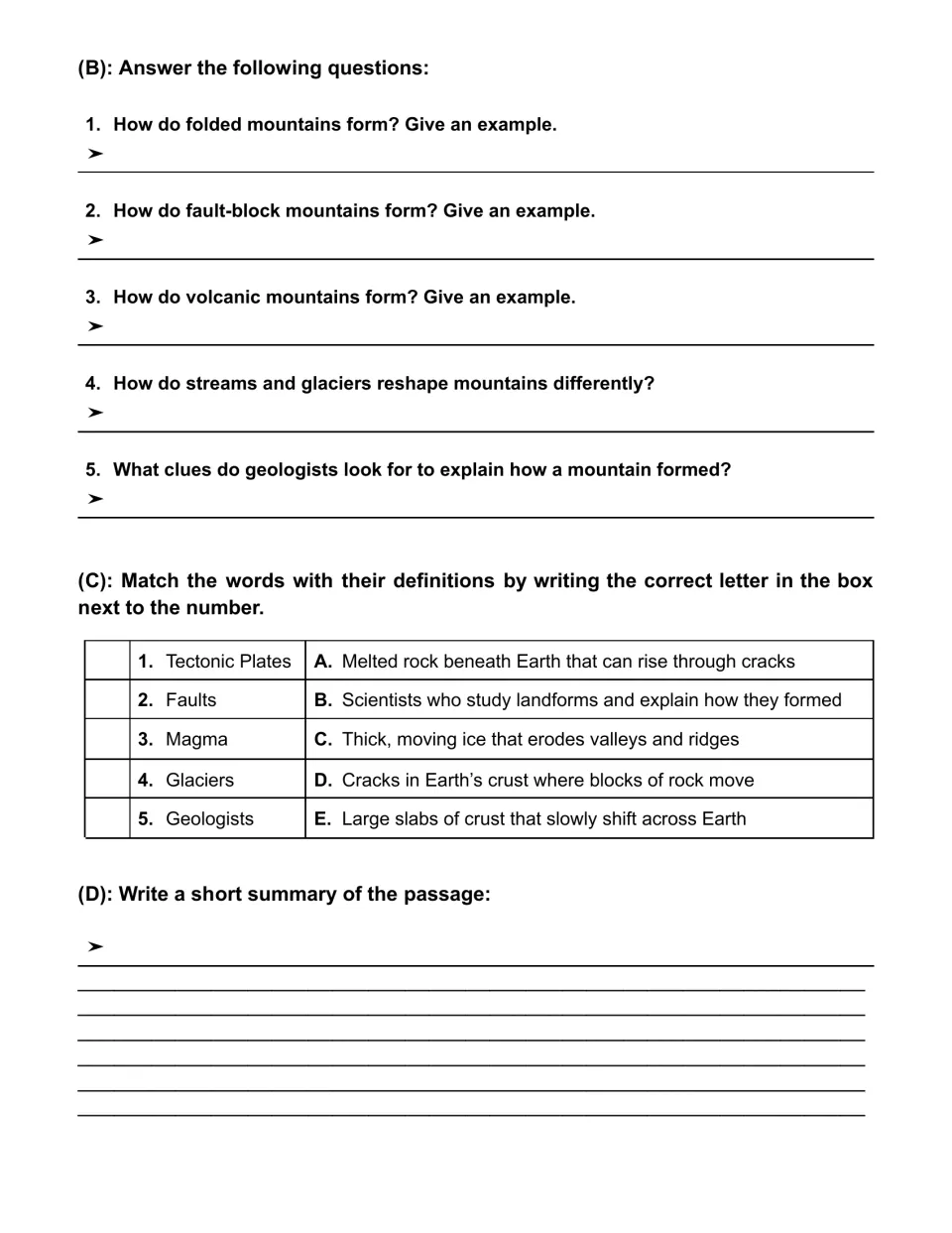 Five short-answer questions on mountains, five vocabulary matching items and a passage summary prompt