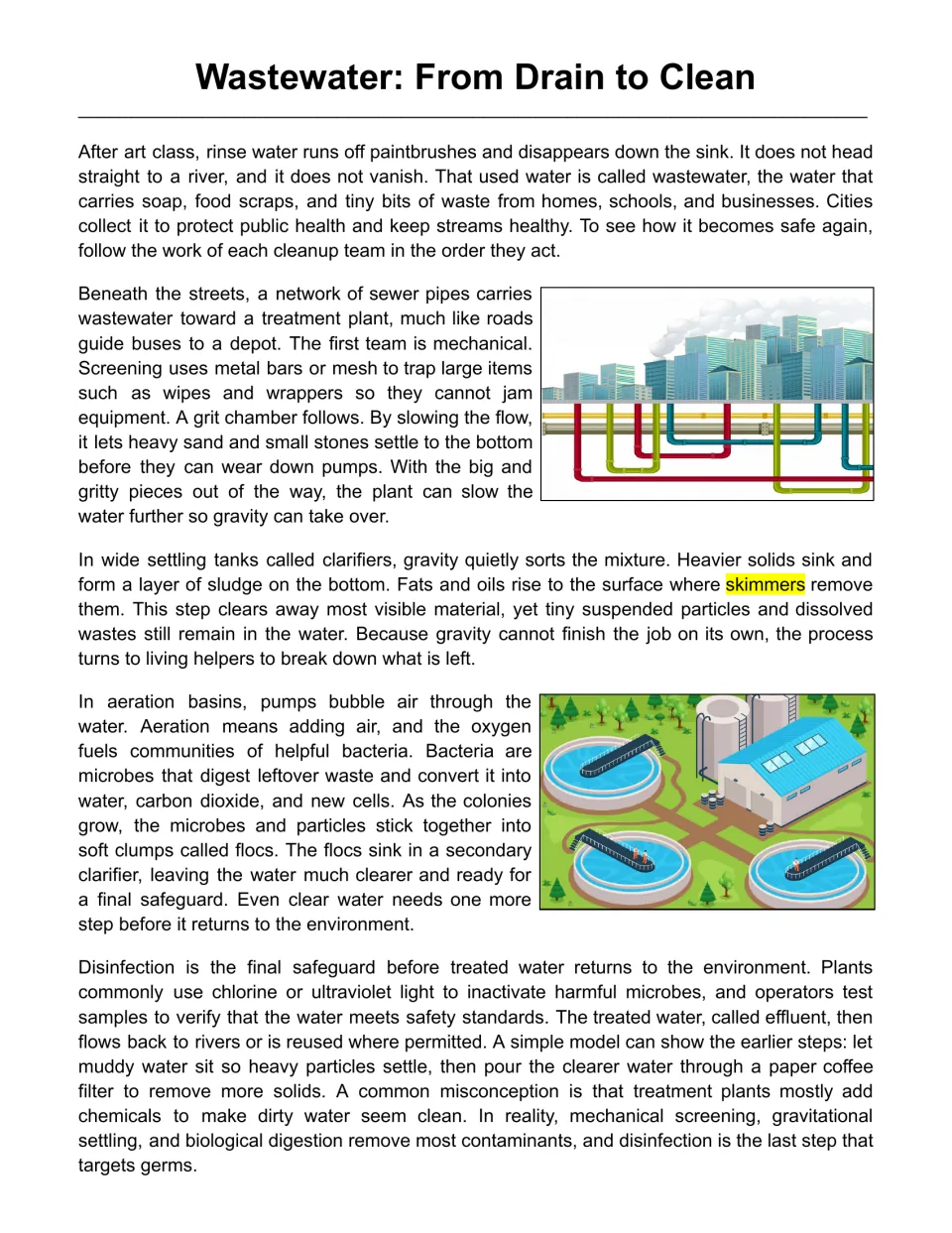 Wastewater: From Drain to Clean passage tracing screening, grit chambers, clarifiers, aeration and disinfection in order