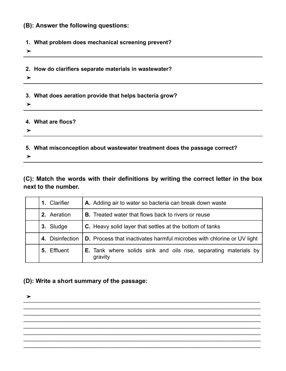 Wastewater review: students answer 5 short questions, match terms like sludge and effluent to definitions, then summarize