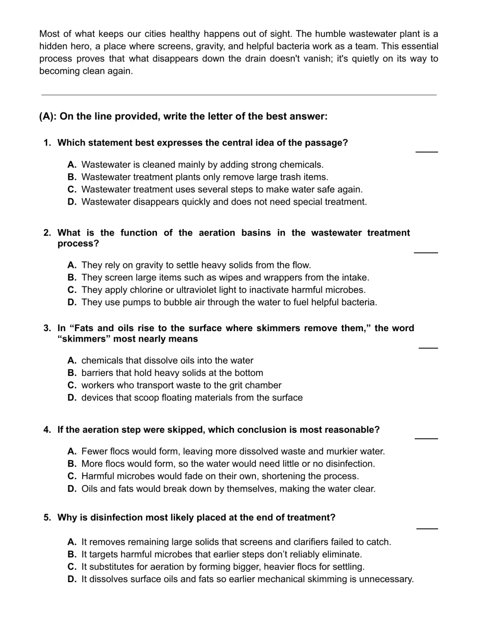 Wastewater treatment questions: students choose the best answer on central idea, aeration, the word skimmers and inference
