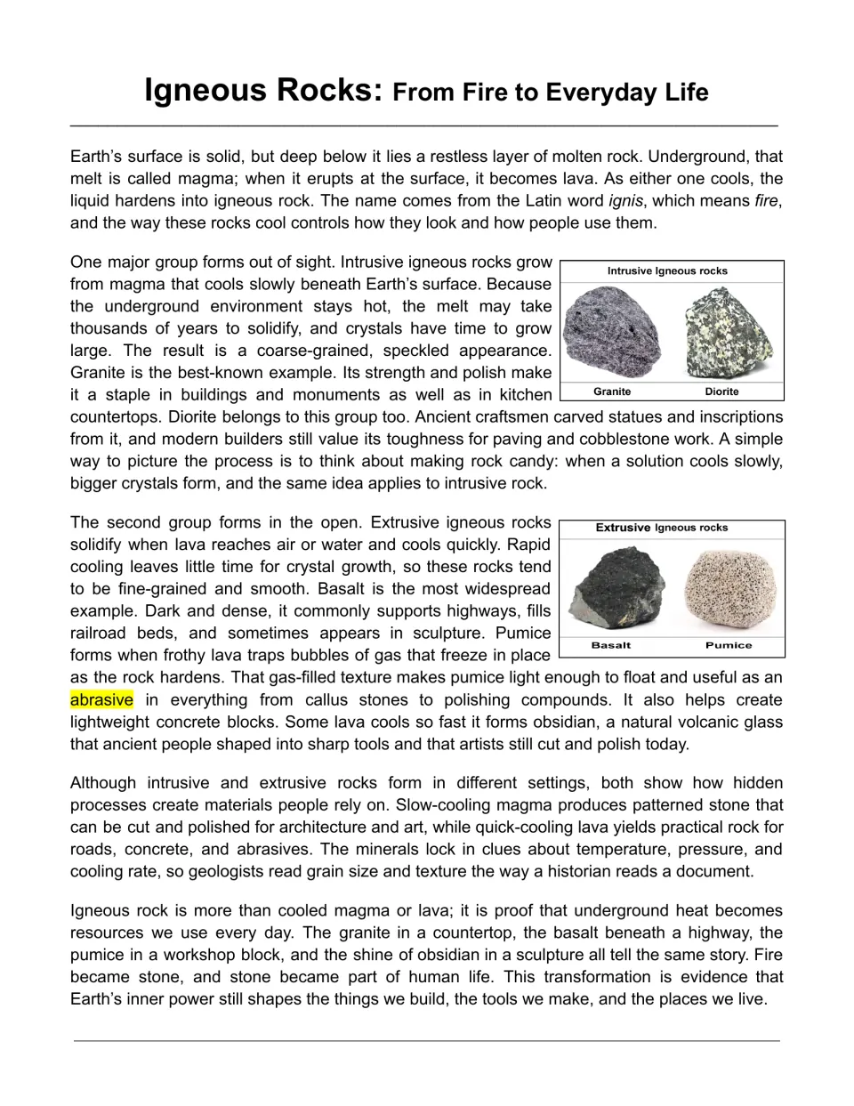 Reading passage about intrusive and extrusive igneous rocks, their cooling rates, crystals, and everyday uses