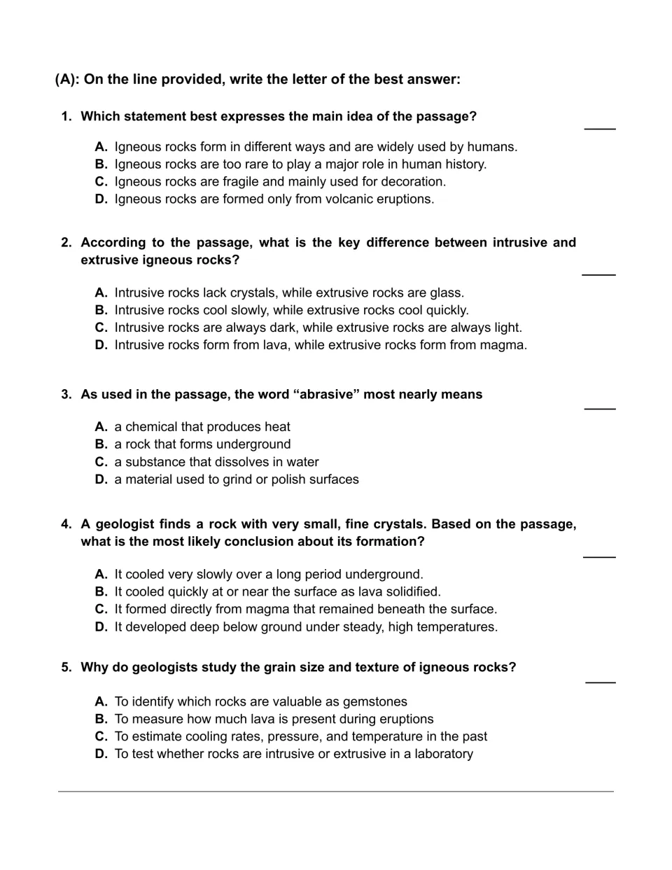 Five multiple-choice questions on igneous rocks: main idea, cooling, abrasive, crystals, and rock texture