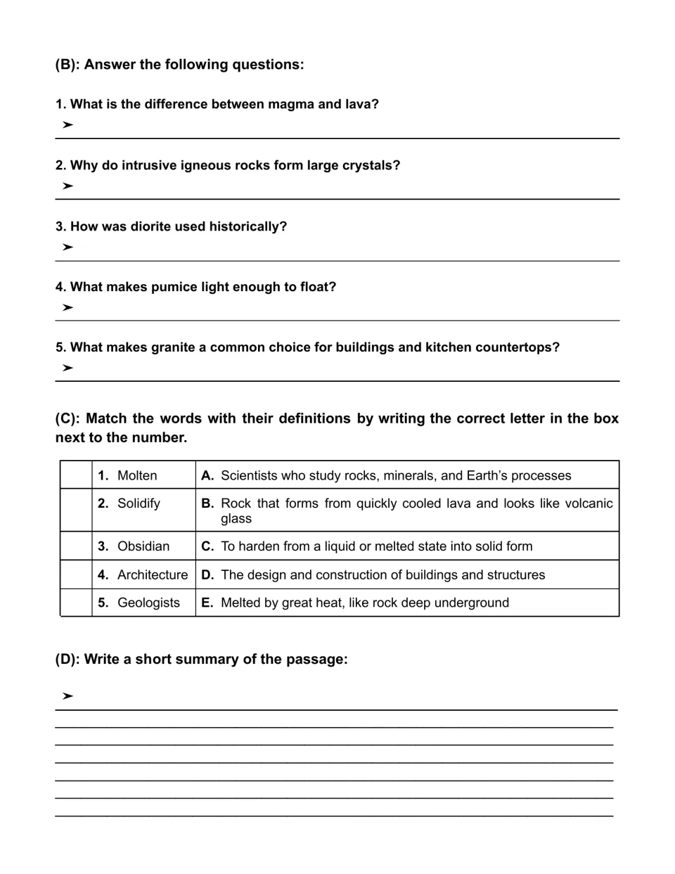 Igneous rocks follow-up: five short-answer questions, five vocabulary matching items, and a summary prompt