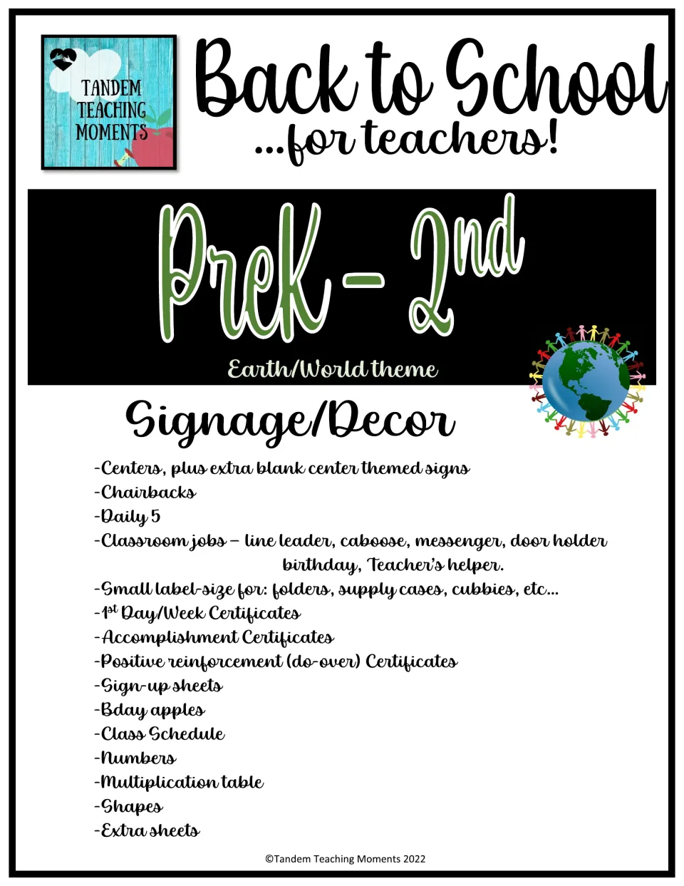 Cover of the Earth-themed classroom decor packet for Pre-K–2nd, listing signs, labels, jobs, and certificates