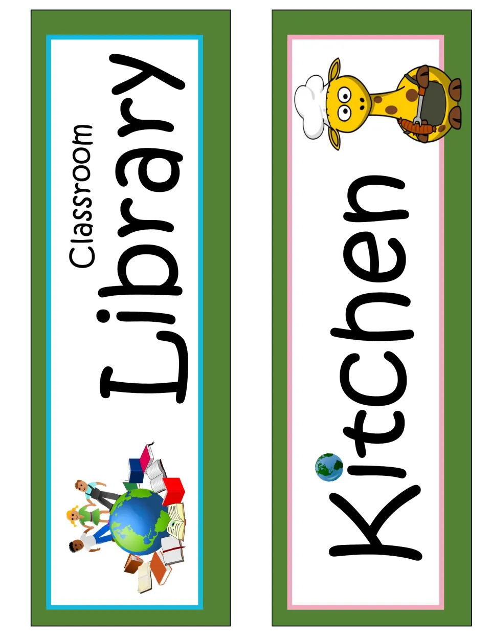 Earth-themed classroom decor signs labeled Classroom Library and Kitchen for identifying classroom areas