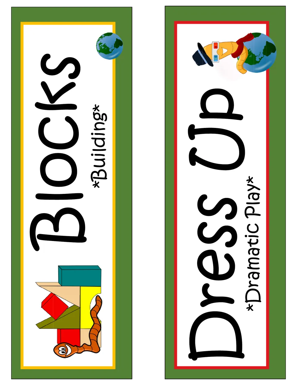 Earth-themed classroom signs labeled Blocks with Building and Dress Up with Dramatic Play for classroom areas