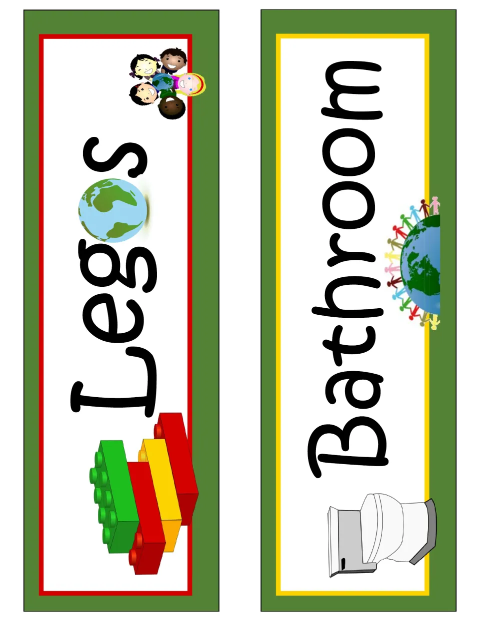 Earth-themed classroom decor signs labeled Legos and Bathroom, continuing the packet's classroom area signs