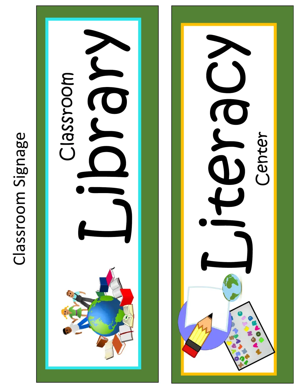Earth-themed classroom decor signs labeled Classroom Library and Literacy Center for classroom reading areas