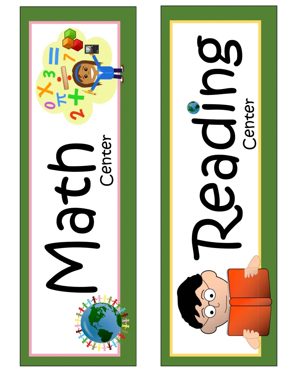 Earth-themed classroom decor signs labeled Math Center and Reading Center for identifying learning areas