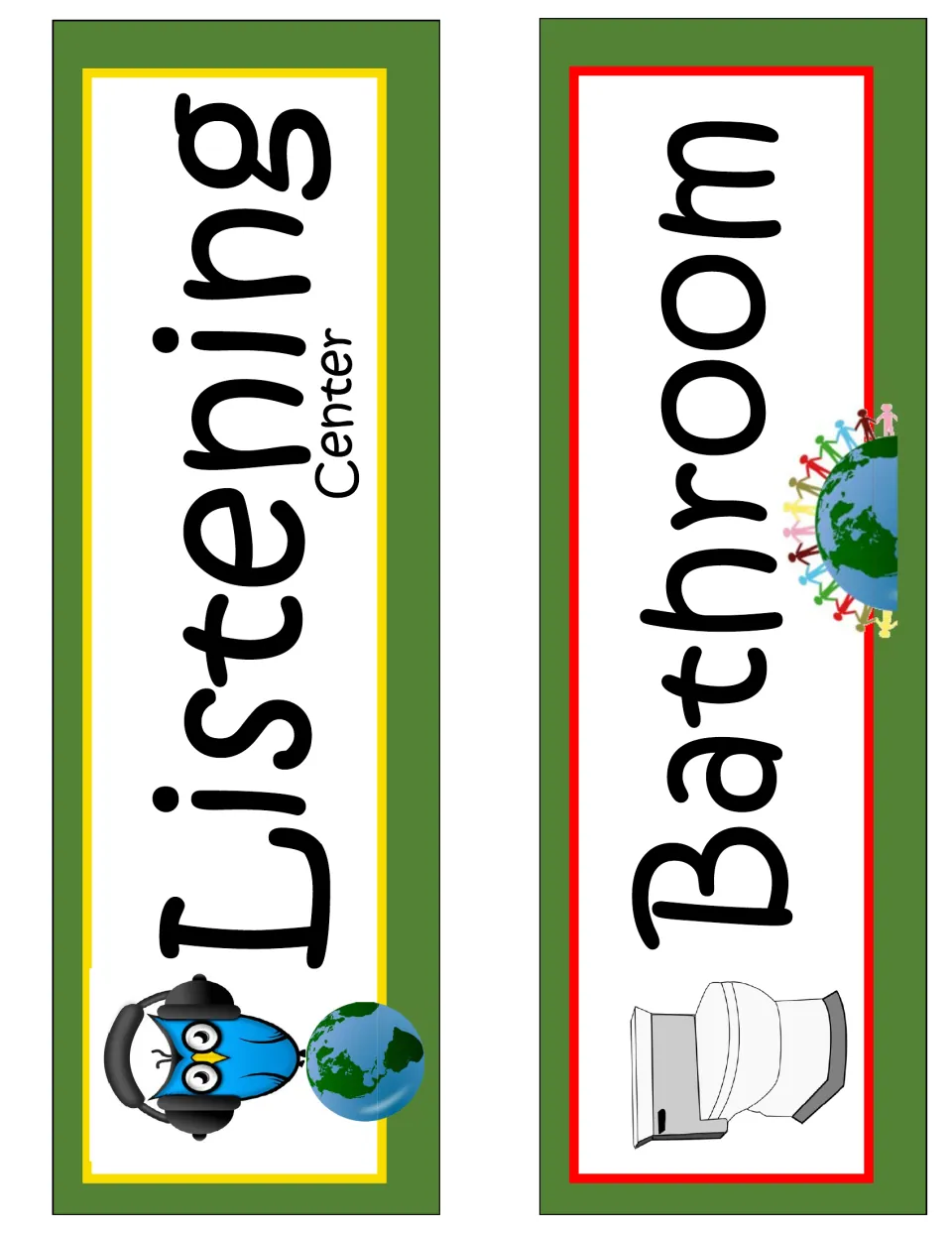 Earth-themed classroom decor signs labeled Listening Center and Bathroom for identifying classroom areas