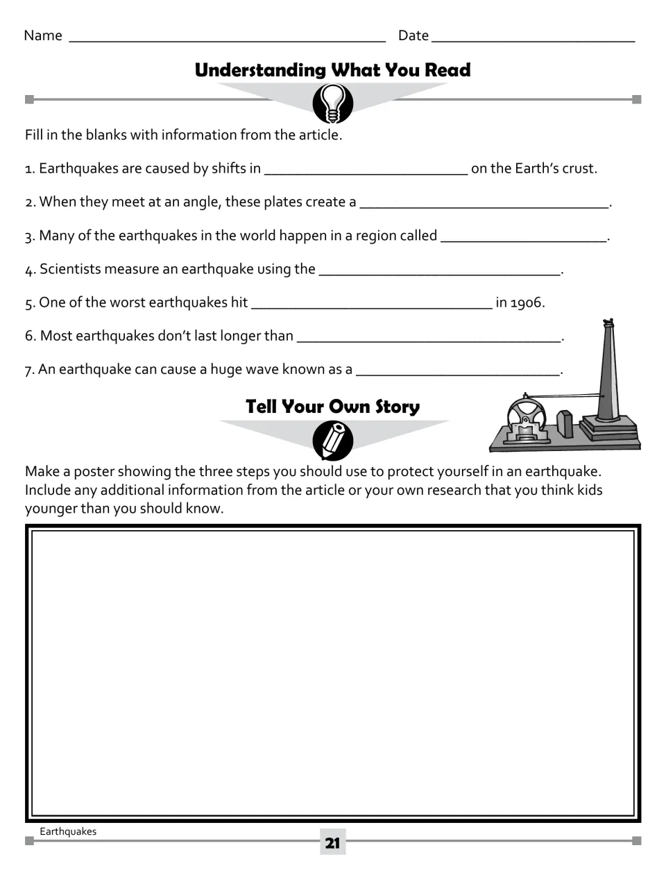 Seven earthquake reading questions and a poster task showing three steps for protection during an earthquake