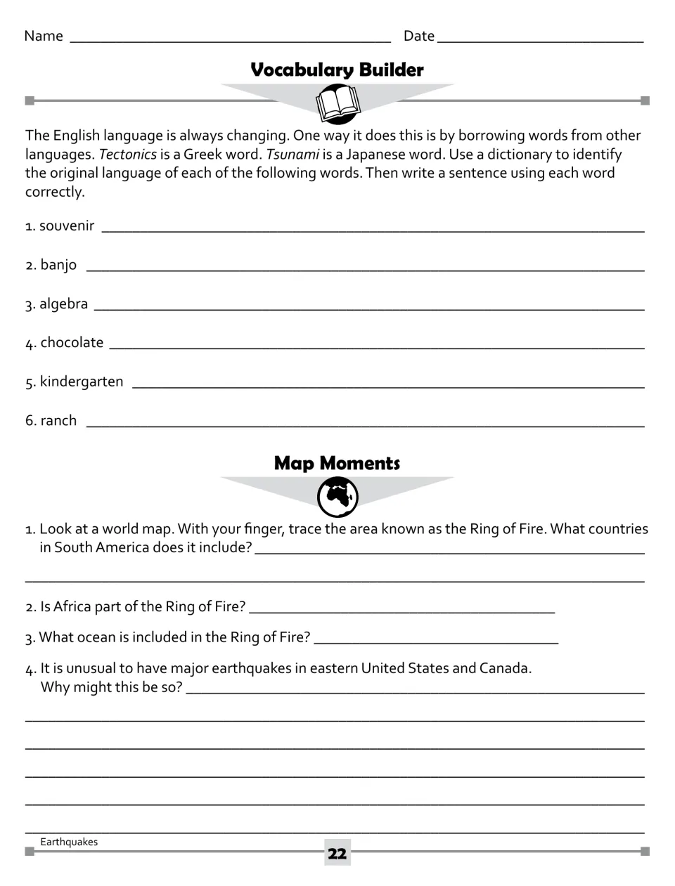 Vocabulary activity on six borrowed words, plus four map questions about the Ring of Fire and earthquakes