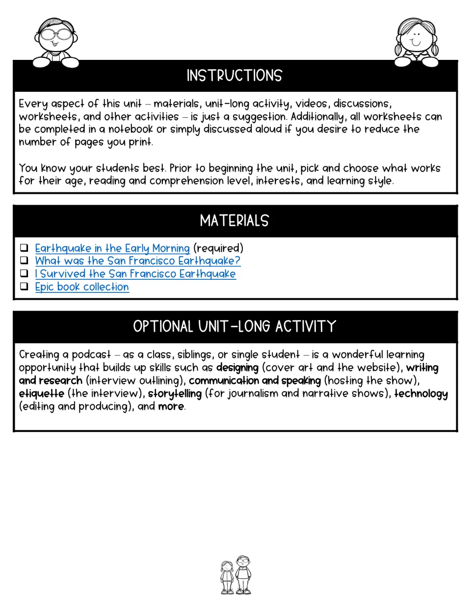 Novel study instructions cover lesson choices, required and supplemental reading, and an optional podcast project