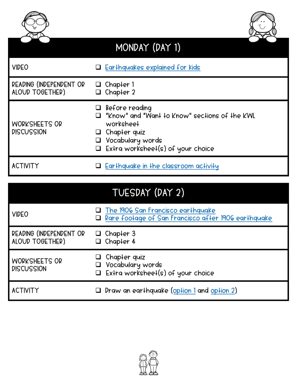Lesson plan days 1–2 assign chapters 1–4, quizzes, vocabulary, earthquake videos, and earthquake activities