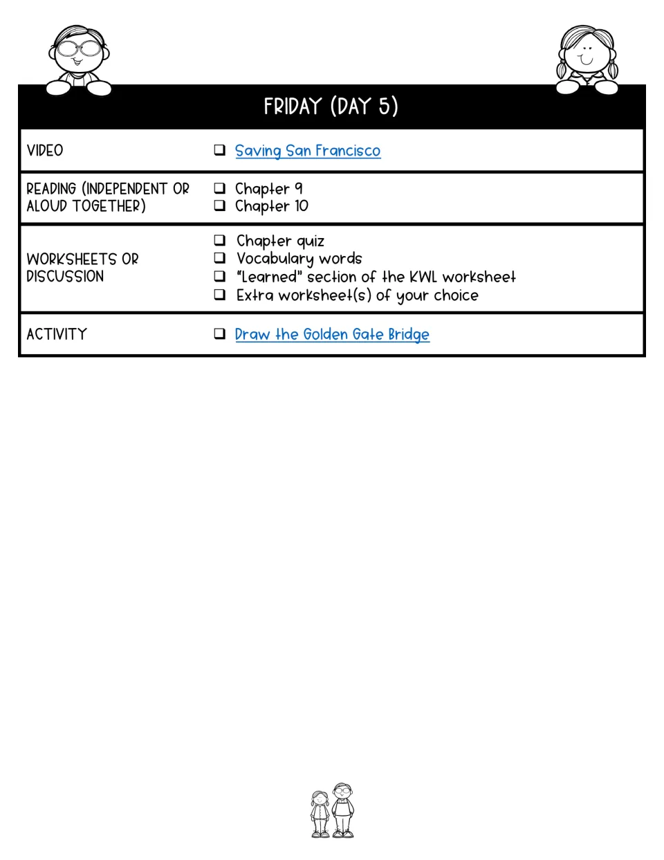 Lesson plan day 5 assigns chapters 9–10, a quiz, vocabulary, KWL reflection, and drawing the Golden Gate Bridge