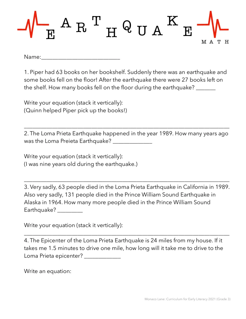 Earthquake math practice: four word problems about fallen books, years since 1989, deaths, and travel time.