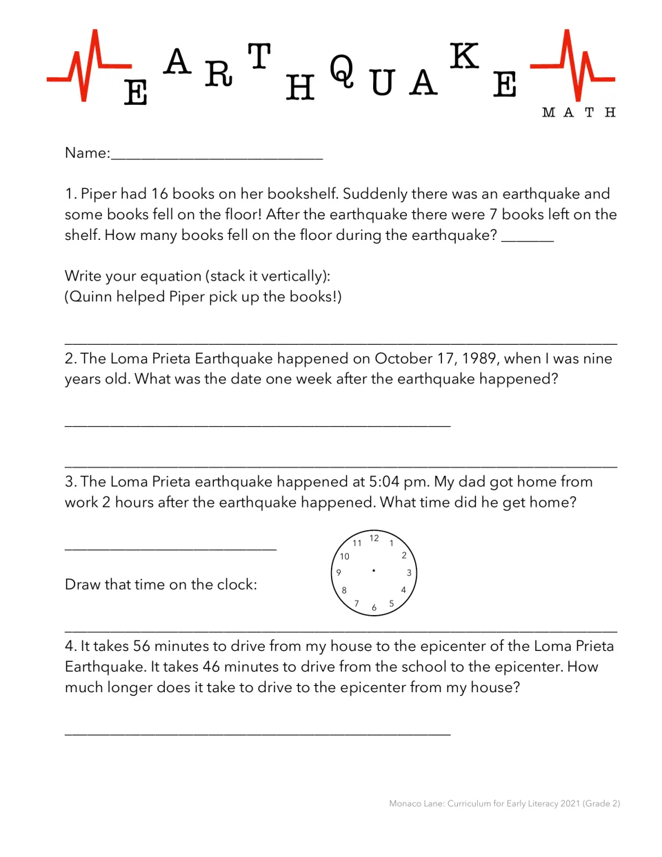 Earthquake math practice: four word problems about 16 books, October 17, 1989, elapsed time, and driving.