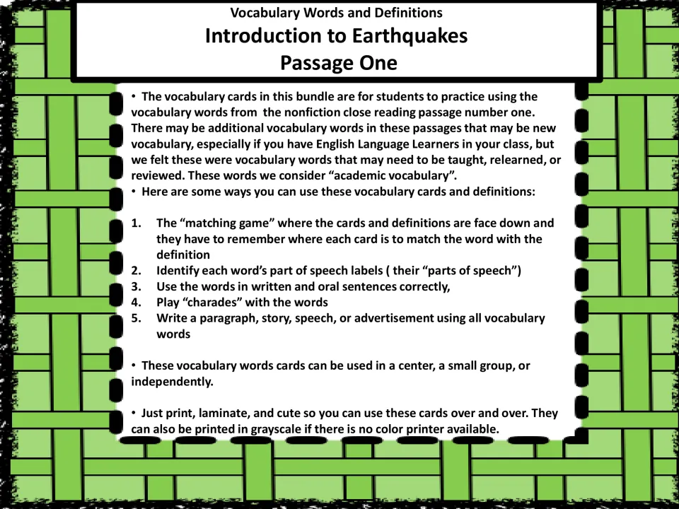 Earthquake vocabulary card instructions for passage one, including matching, sentence writing, and charades