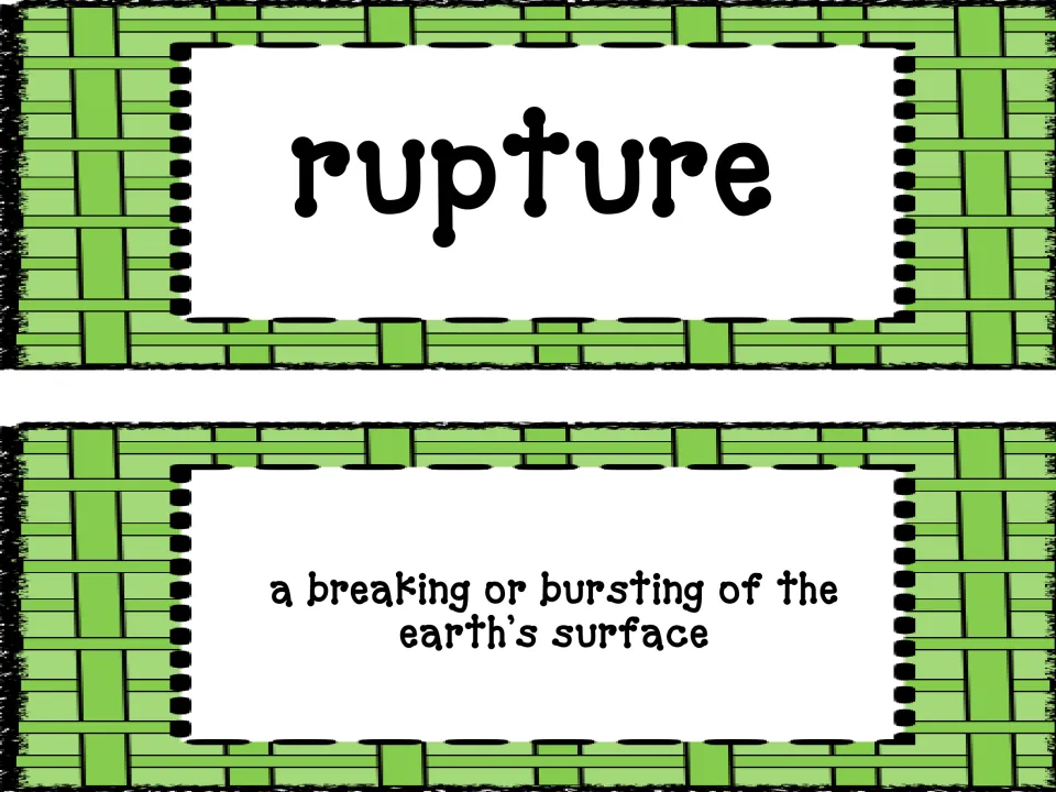 Earthquake vocabulary pair: rupture, with its definition describing a breaking or bursting of Earth's surface