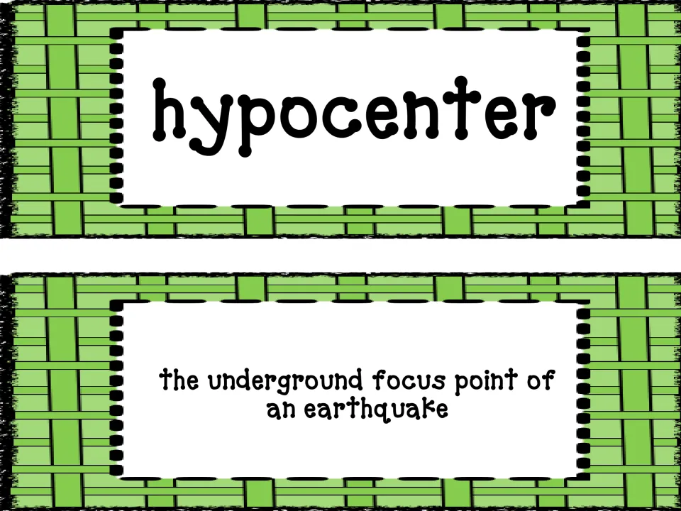 Earthquake vocabulary pair: hypocenter, with a definition naming the underground focus point of an earthquake