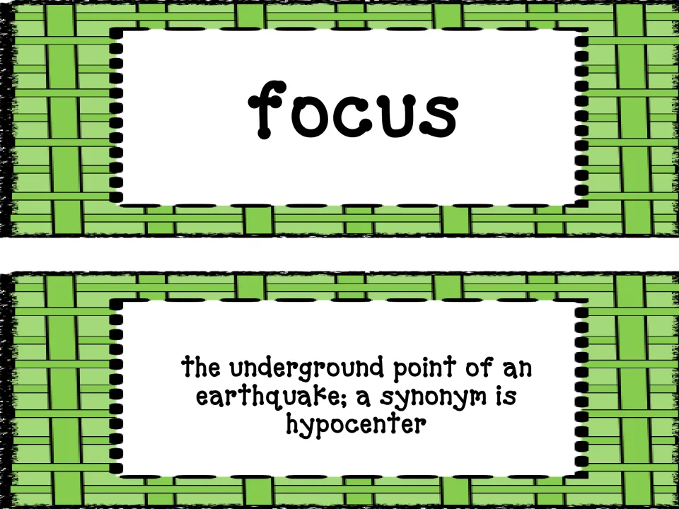 Earthquake vocabulary pair: focus, defined as the underground point of an earthquake, synonymous with hypocenter