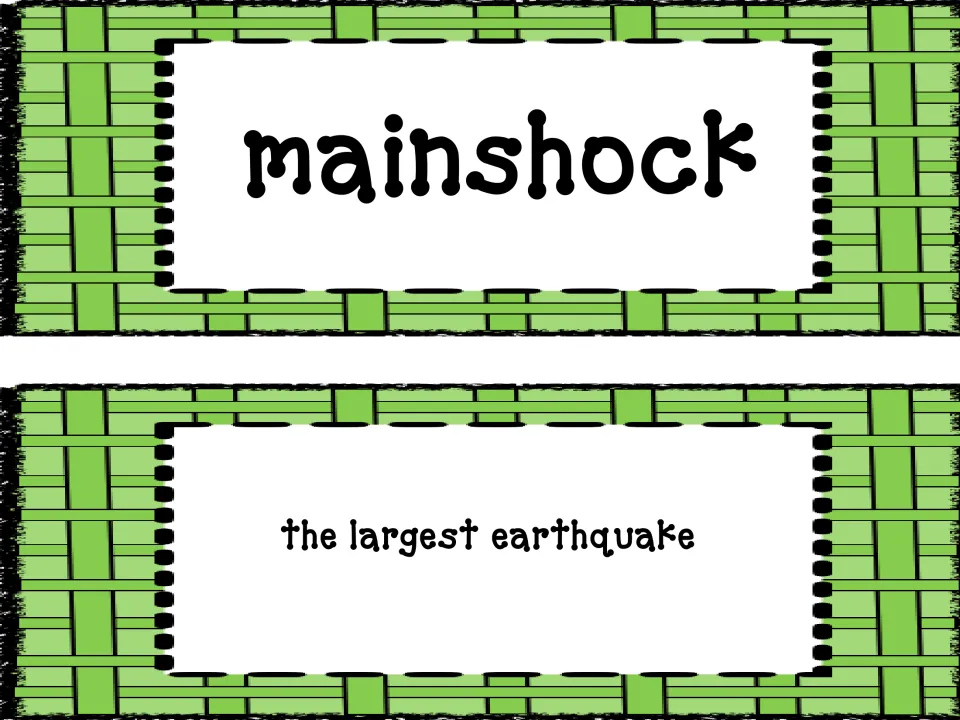 Earthquake vocabulary pair: mainshock, with its matching definition identifying it as the largest earthquake