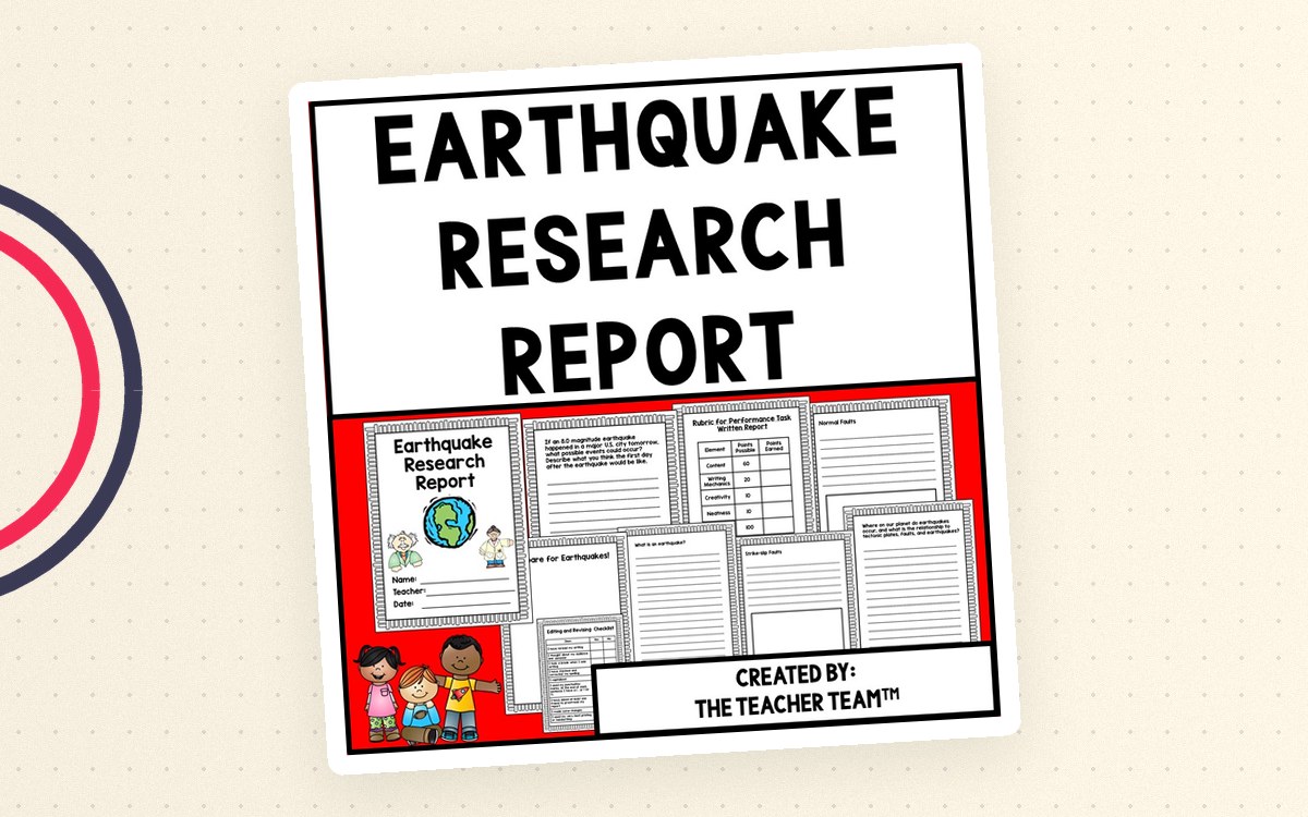 Earthquake Research Report cover with red and black title blocks, a small Earth graphic, and previews of report worksheets and organizers.