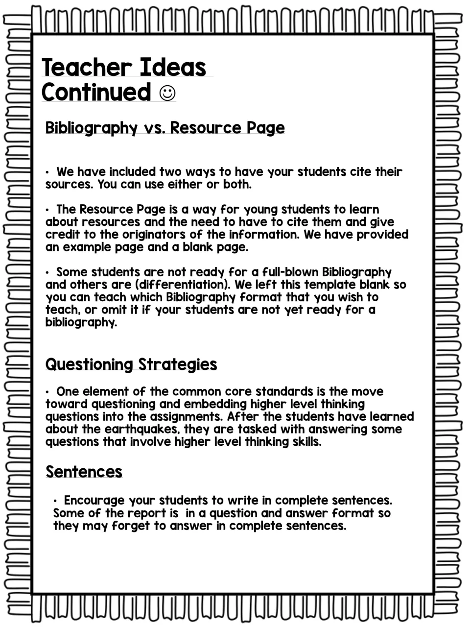 Teacher notes on citing sources with a resource page or bibliography, higher-level questions and complete sentences