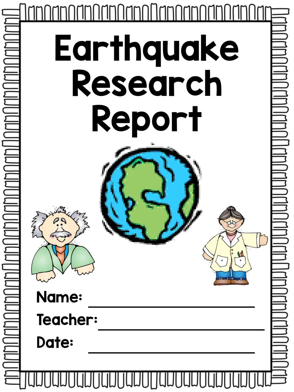 Color cover for an earthquake research report with a globe, two cartoon scientists and name, teacher and date fields